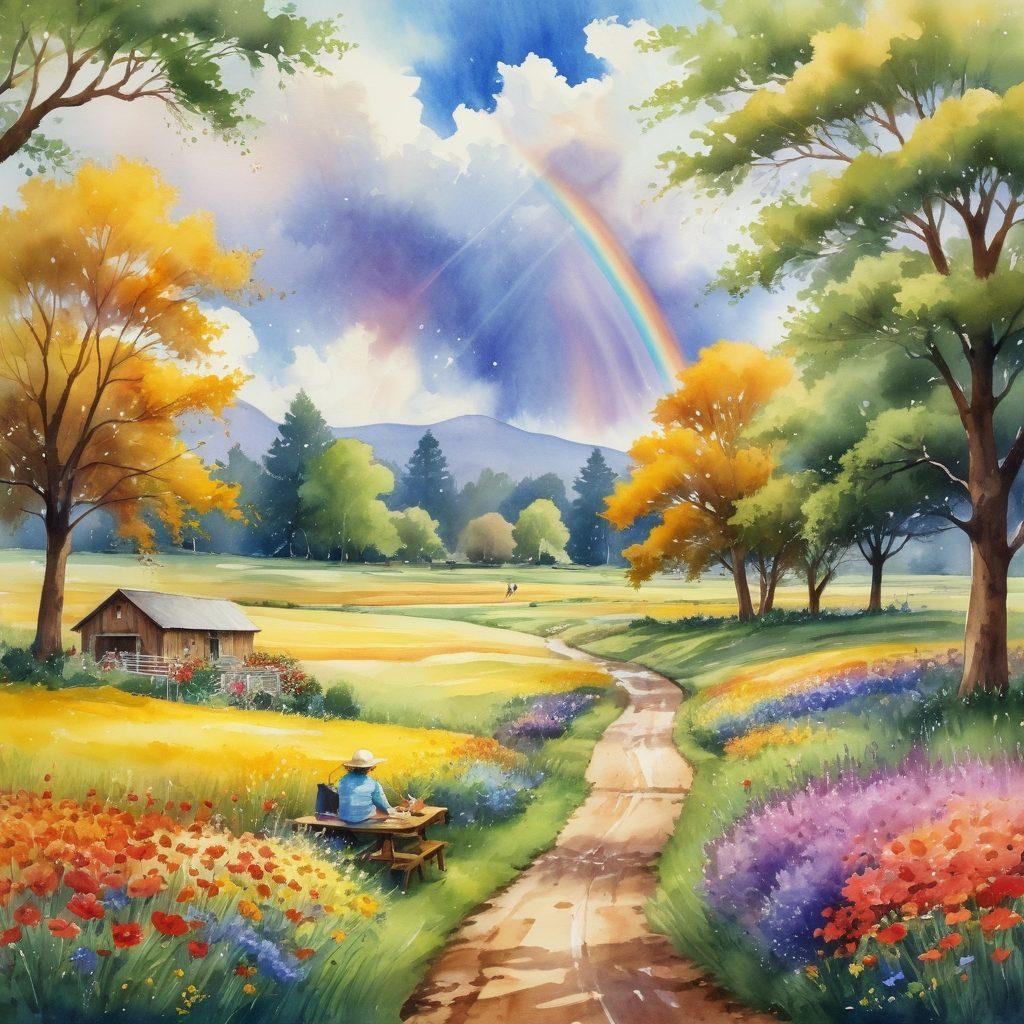 A picturesque landscape showcasing various joyful weather conditions in the U.S., featuring sunny skies, light rain with rainbows, fluffy clouds, and golden fields swaying in the breeze. Include people enjoying outdoor activities like picnics and playing under trees, with vibrant flowers blooming in the foreground. The overall mood should evoke happiness and positivity. vibrant colors. watercolor painting.