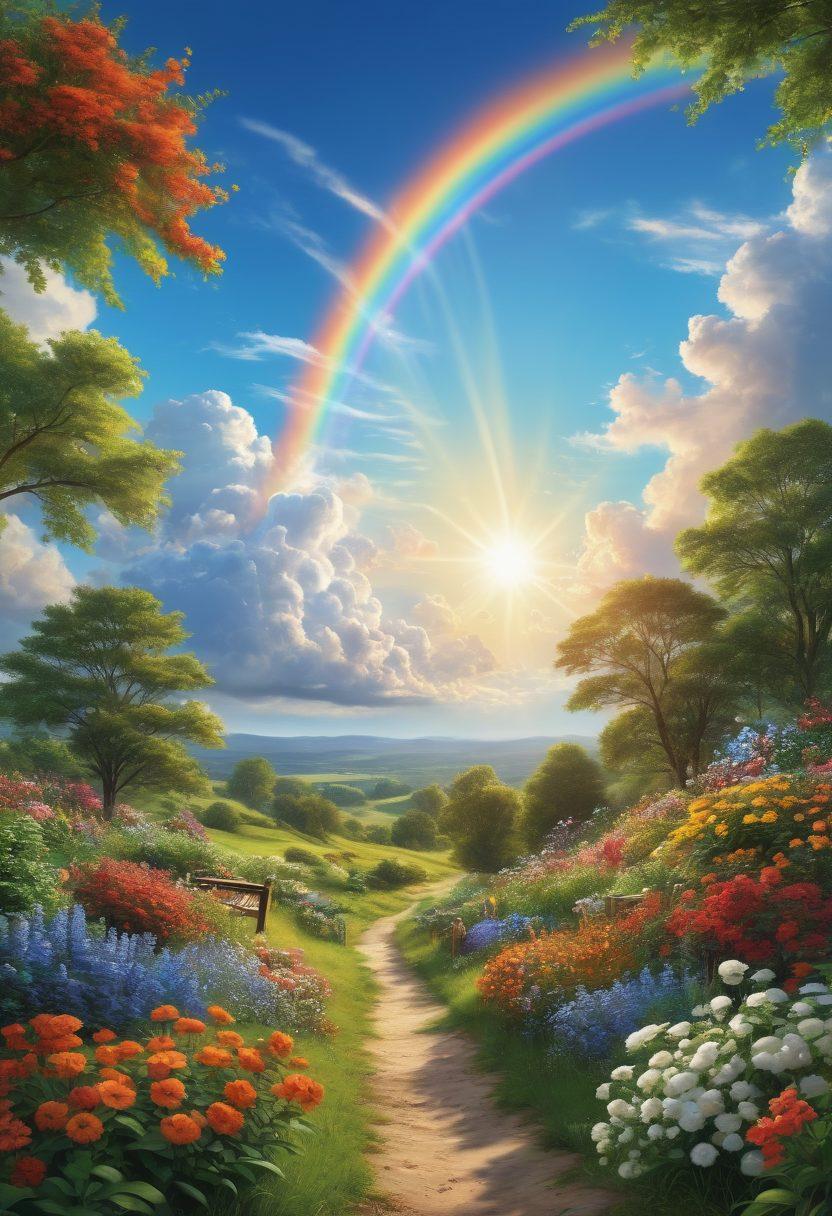 A serene landscape showcasing a bright blue sky with fluffy white clouds; incorporate elements like a glowing sun and rainbow to signify positivity and hope. Include people engaging in outdoor activities such as picnics and jogging, immersed in nature's beauty. Emphasize warmth and joy with lush greenery and colorful flowers in the foreground. super-realistic. vibrant colors.