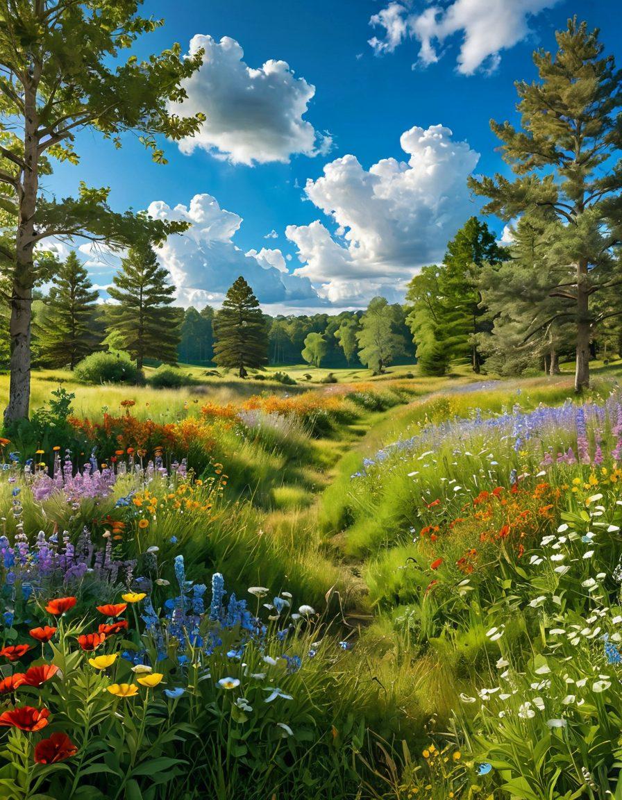 A serene landscape featuring a sunlit meadow filled with colorful wildflowers, a gentle breeze rustling through the leaves of lush green trees, and people of diverse backgrounds laughing and enjoying outdoor activities together. The sky is bright blue with fluffy white clouds, symbolizing happiness and positivity. Capture the essence of cheerful climates and their impact on well-being. super-realistic. vibrant colors. tranquil atmosphere.
